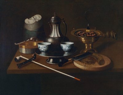 A Still Life of Roasted Chestnuts, Coffee, and Smoking Utensils on a Tabletop by Unbekannt Unbekannt